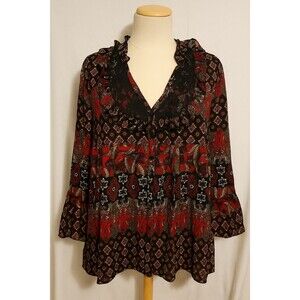 New Directions Women's 3X Spanish Goth Floral Boho Peasant Top Red Black Lace